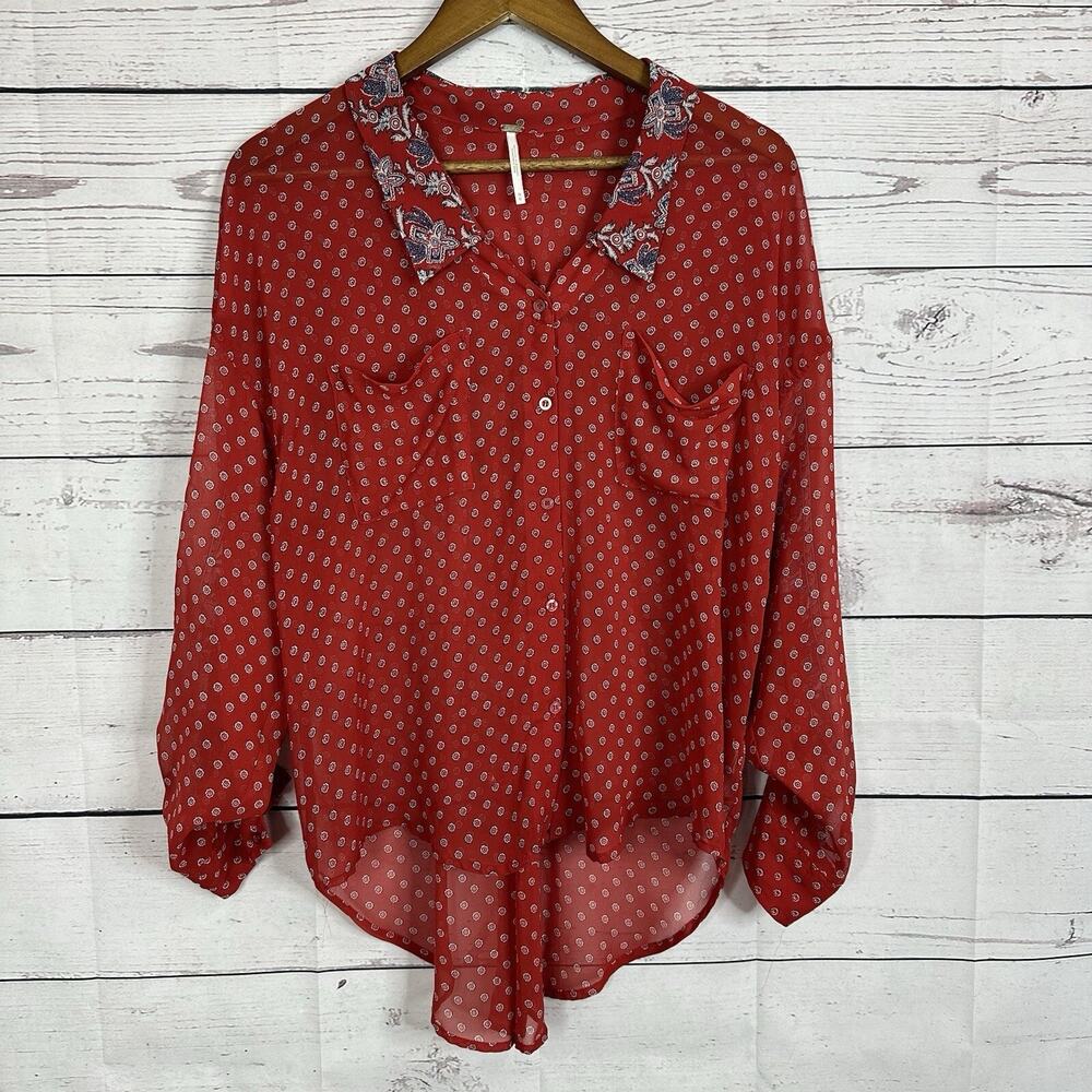 Free People Shirt Womens Medium Red Flowy Chiffon Floral Whimsical Blouse Hi Low - Picture 1 of 9